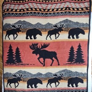 Vintage Earth Ragz Bear Caribou Mountains Throw Blanket Rustic 58x48 Reversible